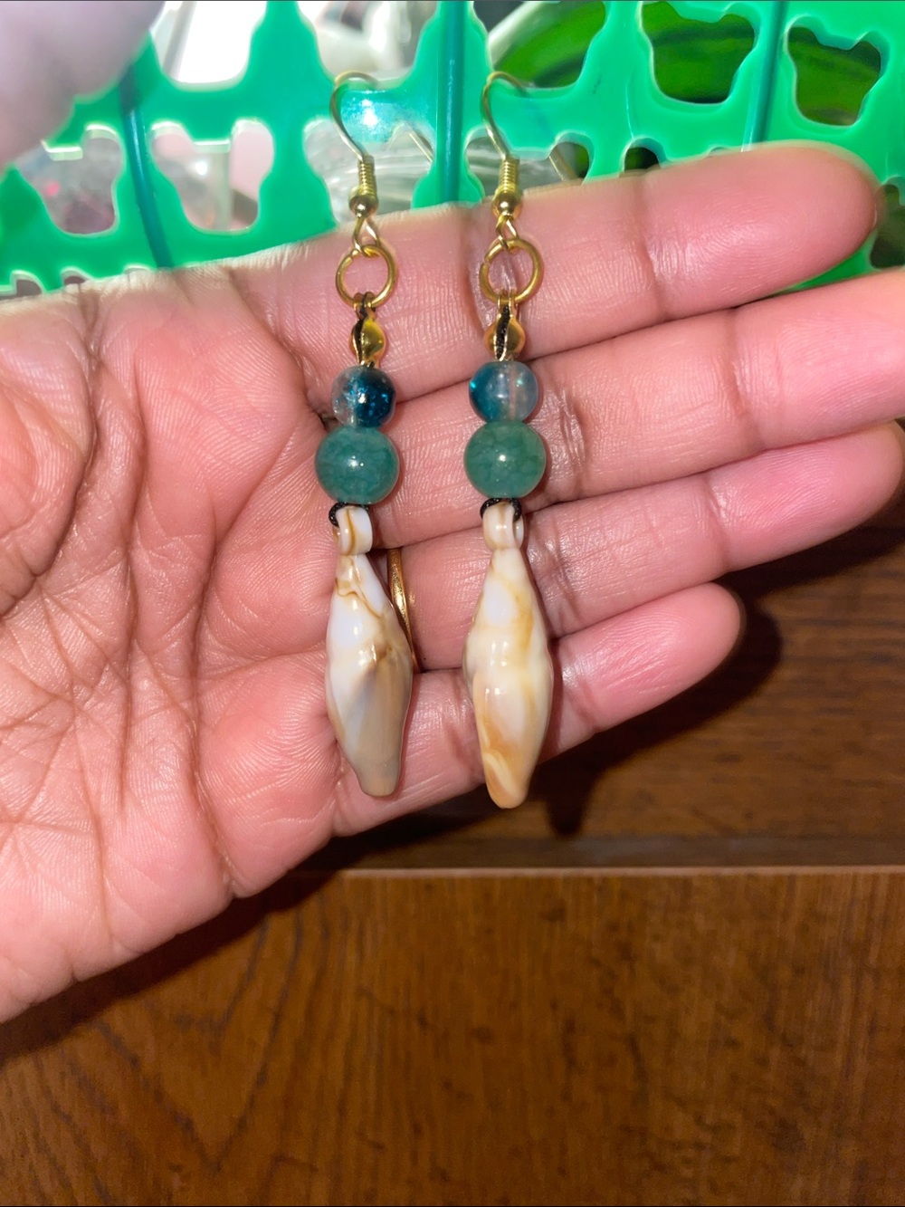 Handmade Style Shell & Green Bead Dangle Earrings